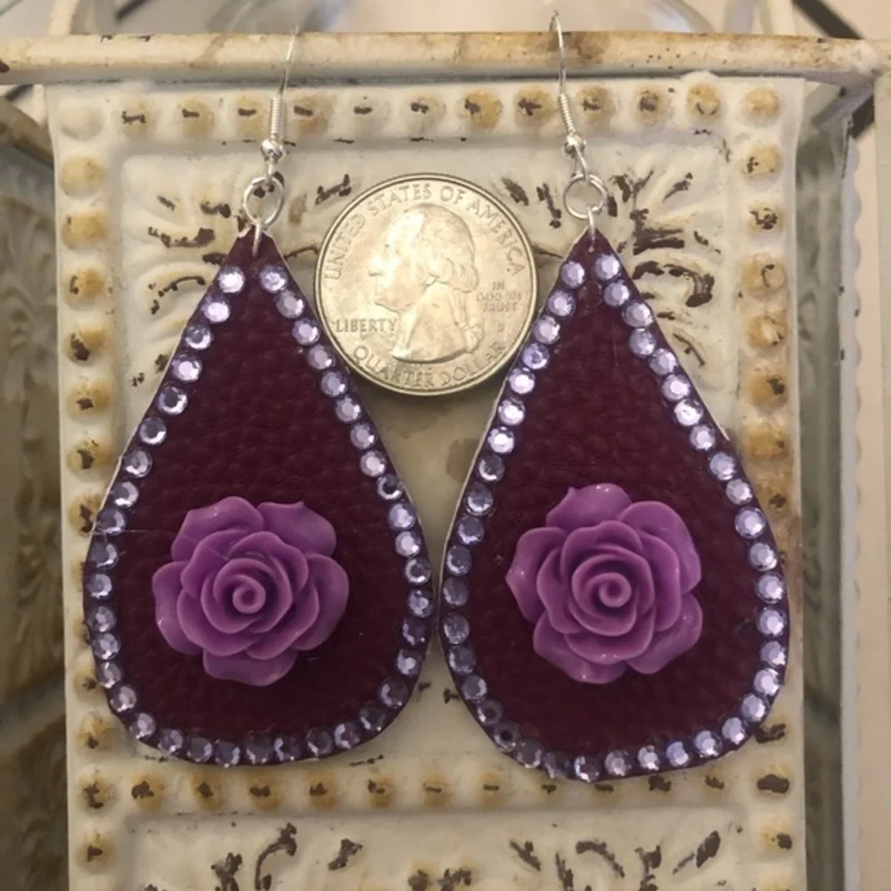 Rose and Rhinestone Faux Leather Earrings - Picture 4 of 4